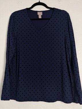 Chico's Womens L/12 Pullover blouse Navy/Black Polka Dot V-Neck Longsleeve Top
